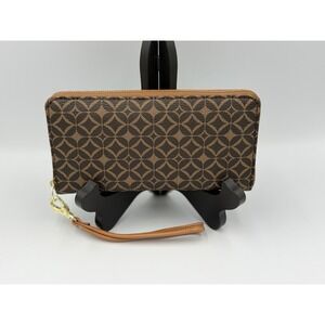 Fossil Sydney Zip Around Wristlet Wallet Clutch Brown Vegan Leather Funky Classy